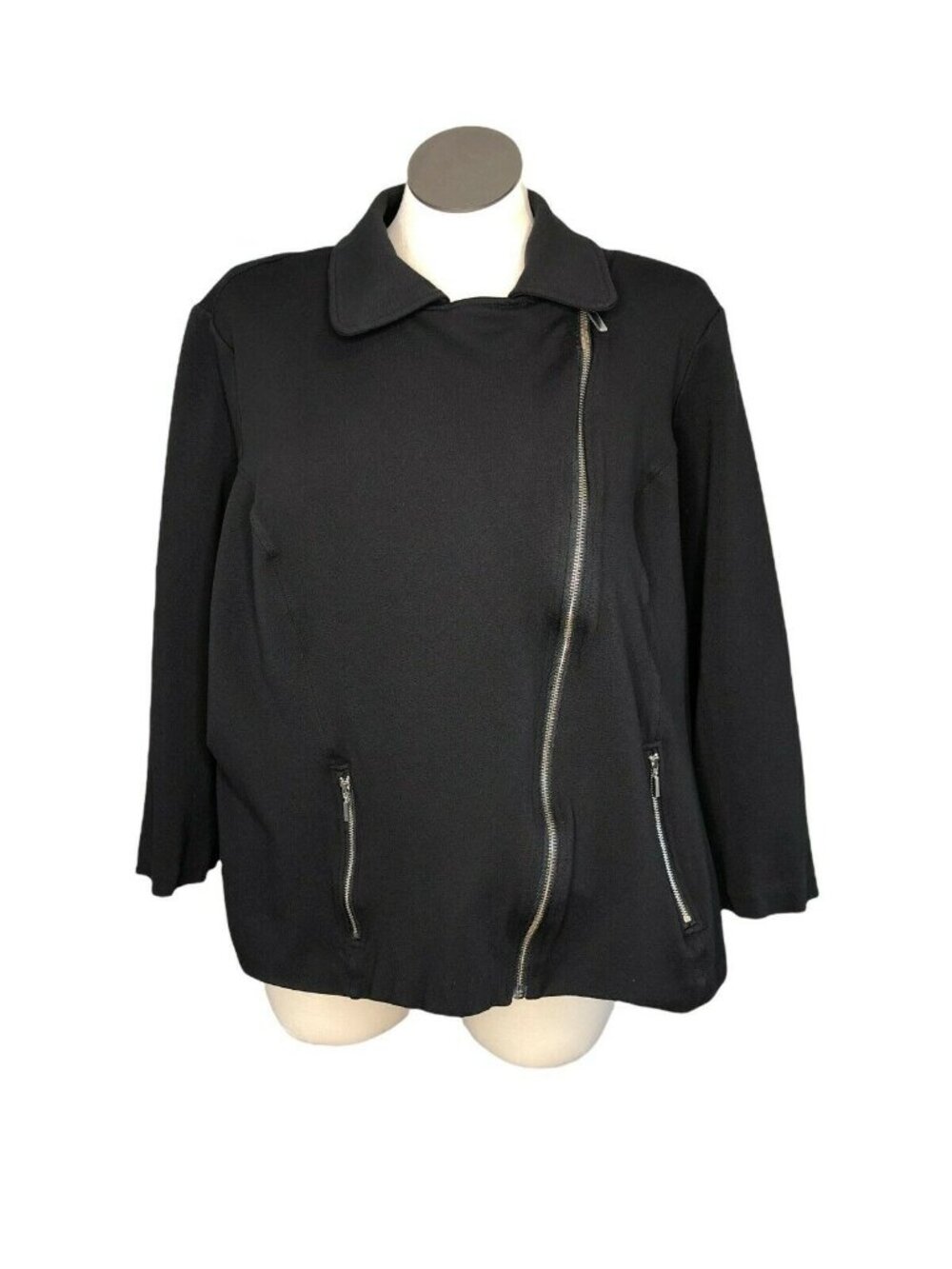 C J Banks Asymmetrical Black Jacket Womens 3X Zippeded Pockets Blazer EUC Stretc